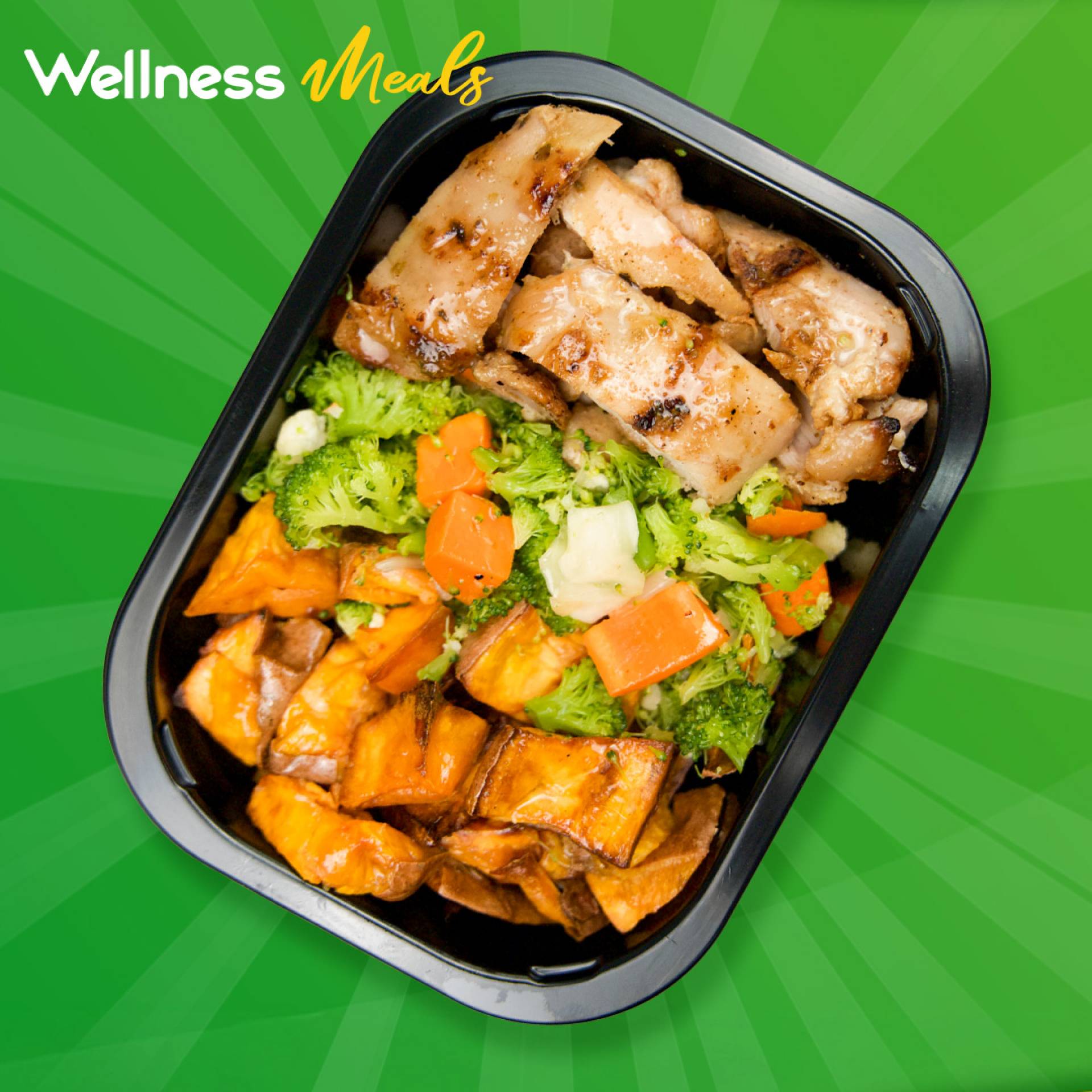 26. Pollo a la Parrilla con Batata Asada y Vegetales Mixtos en Aceite de Aguacate